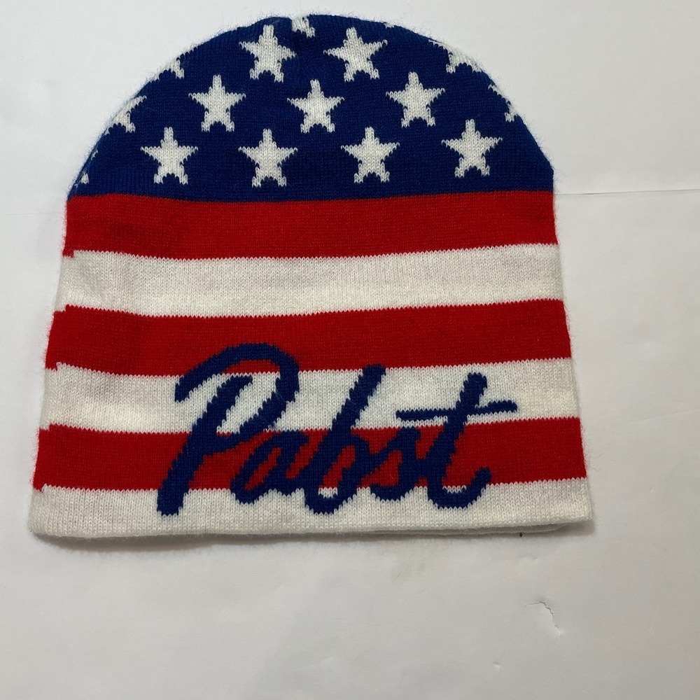 Pabst Blue Ribbon Beanie Unisex OSFM Red White Blue American Flag PBR Grunge